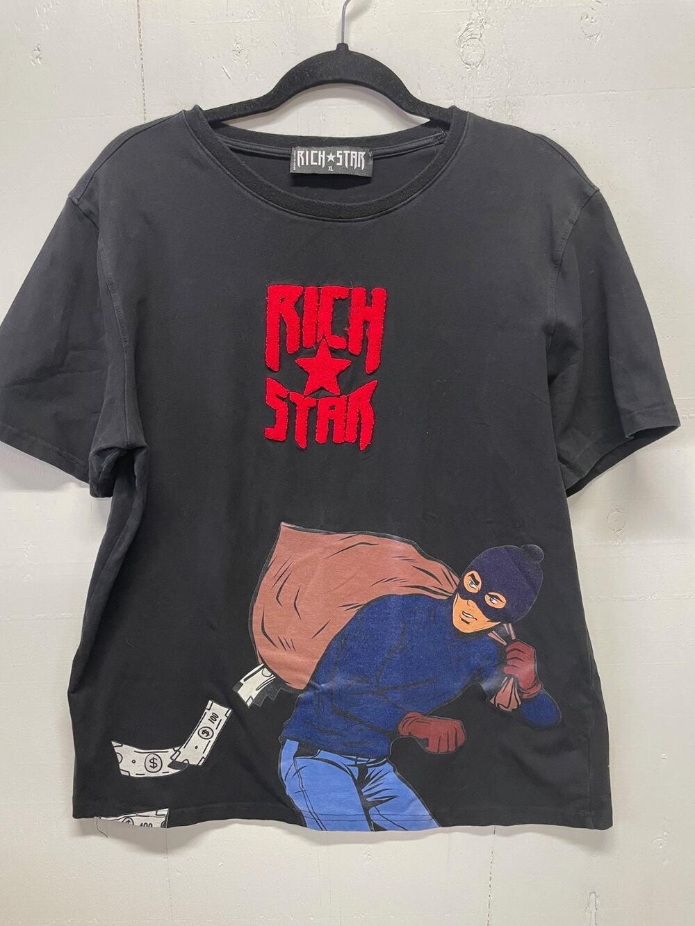 Rich Star Streetwear Graphic T-Shirt Black Size XL Puffy Logo Robber Money